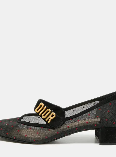 Dior Baby-D Size 39.5 Black Polka Dot Mesh and Suede Mary Jane Pumps