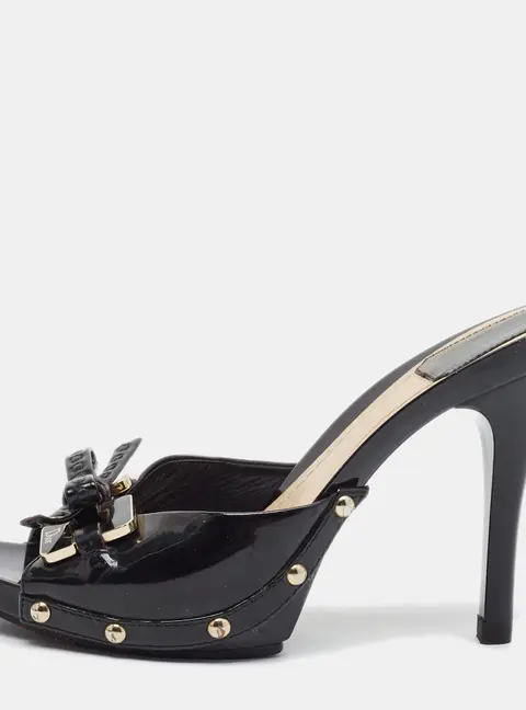 Dior Size 38 Black Patent Leather Bow Slide Sandals