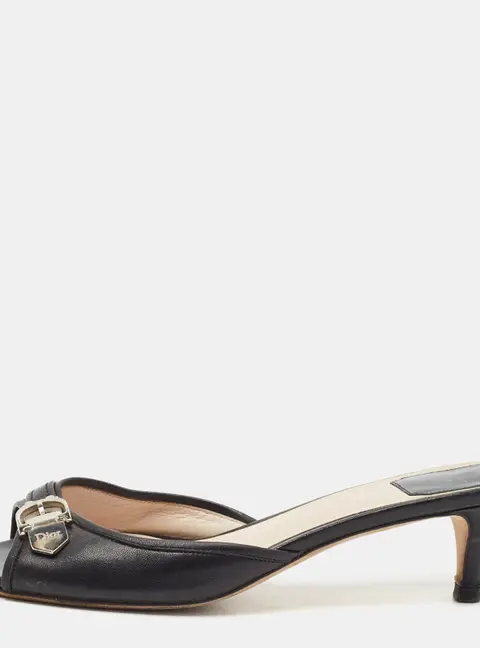 Dior Size 39.5 Black Leather Buckle Mules
