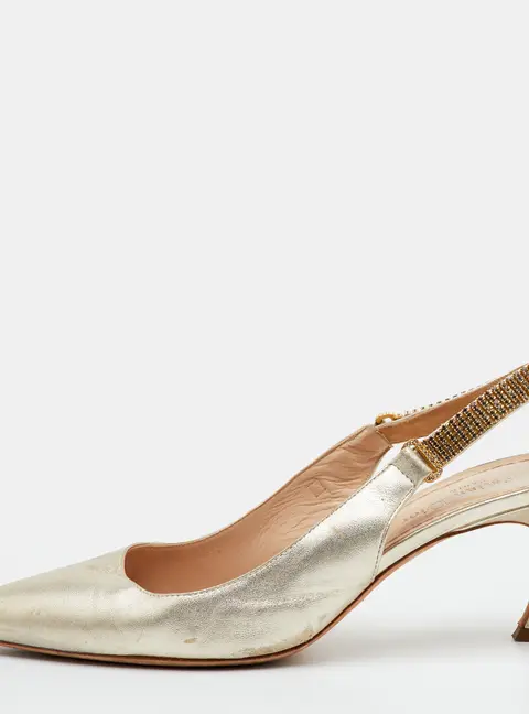 Dior Size 38.5 Metallic Gold Leather Crystal Embellished Slingback Pumps