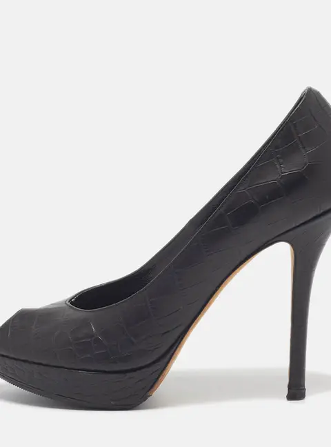 Dior Size 37.5 Black Croc Embossed Leather Peep Toe Pumps