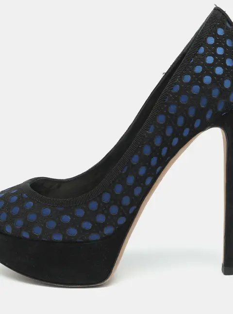 Dior Size 36 Black/Blue Cannage Cutout Suede Peep Toe Platform Pumps