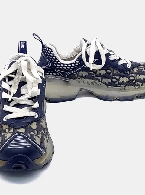 Christian Dior Vibe Navy Blue Calf Leather, Mesh Lace Up Sneakers EU 36.5
