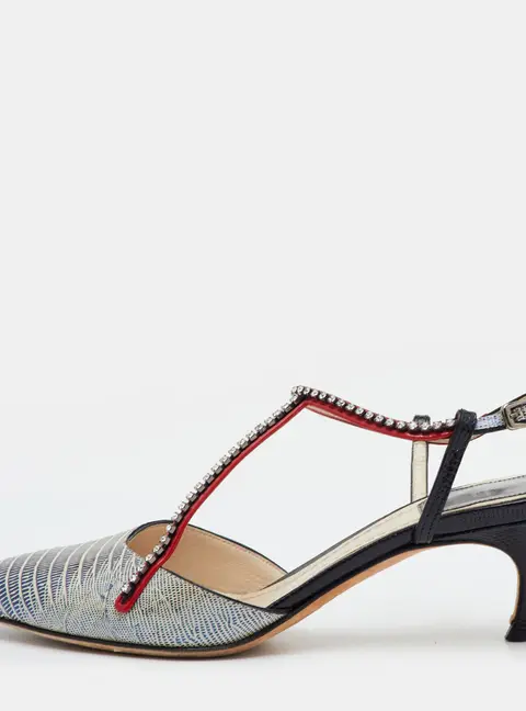 Dior Crystal Embellished Size 36 Black/Red Lizard Embossed Leather T Strap Sandals