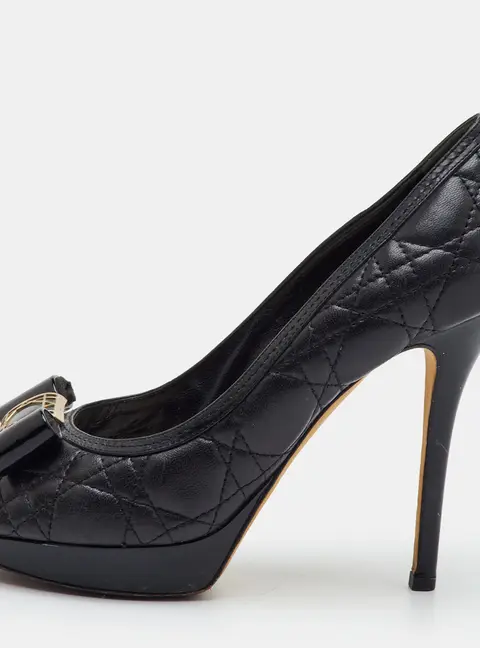 Dior Bow Size 39 Black Cannage Leather Peep Toe Pumps