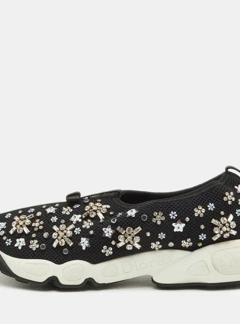 Dior Fusion Size 38 Black Mesh Crystal Embellished Slip On Sneakers