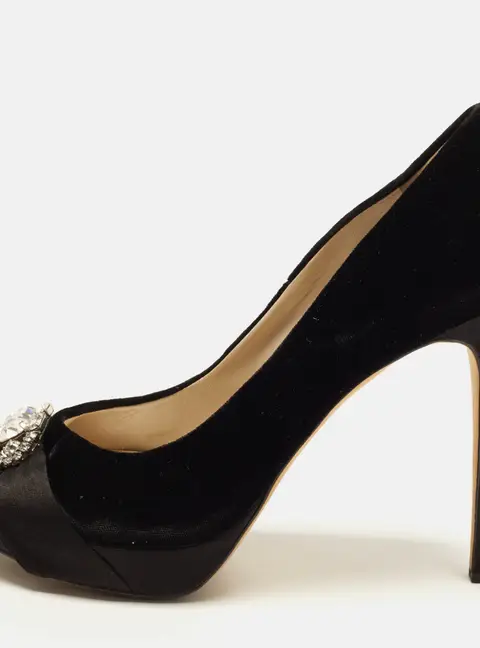 Dior Size 38 Black Velvet Crystal Embellished Peep Toe Pumps
