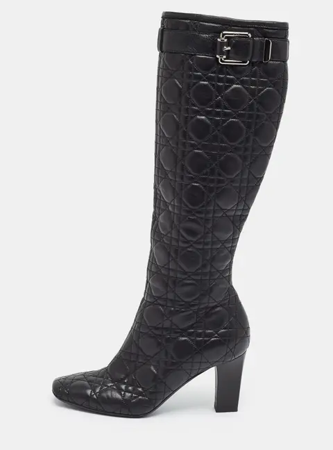 Dior Size 37.5 Black Quilted Leather Buckle Detail Knee Length Boots