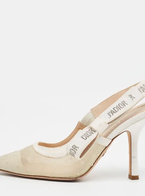 Dior J'Adior Size 37.5 White/Beige Canvas and Net Slingback Pumps