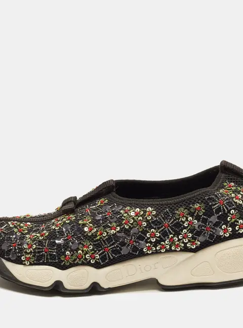 Dior Fusion Size 37 Black Mesh Crystal Embellished Slip On Sneakers