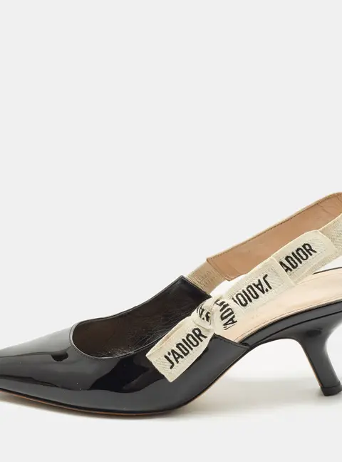 Dior J'Adior Size 37.5 Black Patent Leather Slingback Sandals