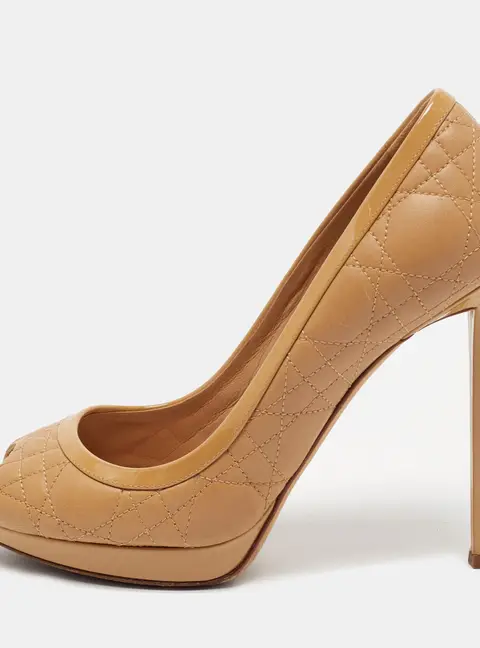 Dior Cannage Size 39.5 Beige Cannage Leather and Patent Leather Peep Toe Pumps