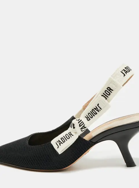 Dior J'Adior Size 37.5 Black/White Fabric Slingback Pumps