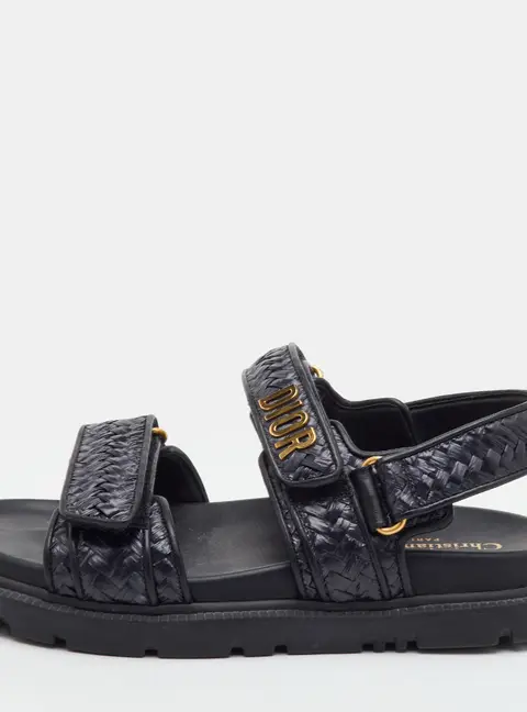 Dior Dioract Size 37.5 Black Leather and Raffia Ankle Strap Sandals