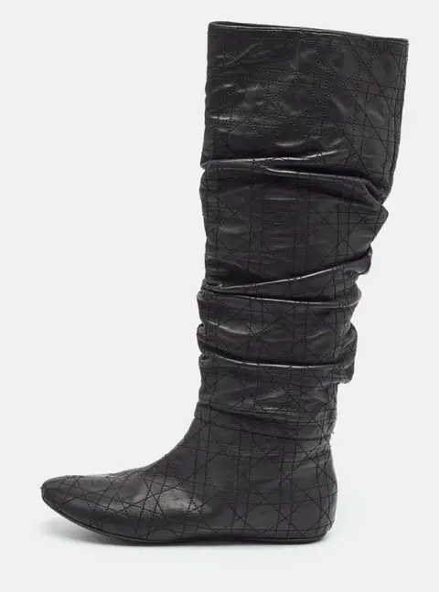 Dior Cannage Size 38.5 Black Leather Knee Length Boots