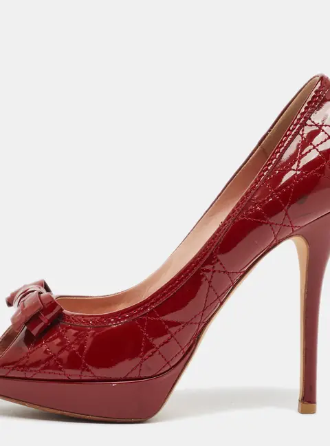 Dior Cannage Size 38.5 Burgundy Patent Leather Peep Toe Pumps
