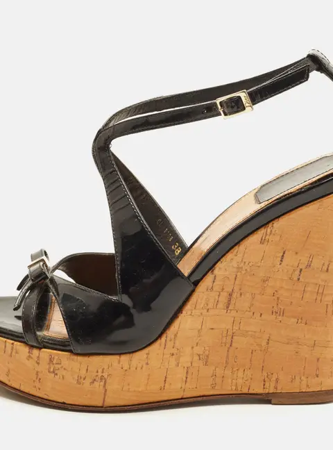Dior Dior Starlet Size 38 Black Patent Leather Cork Wedge Sandals