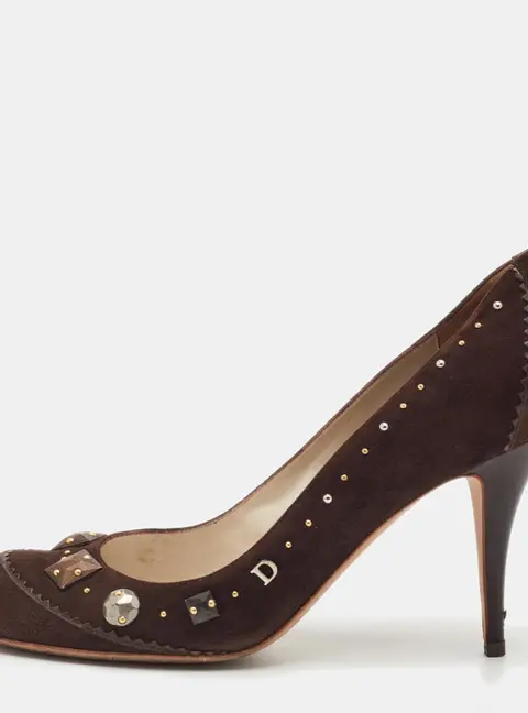 Dior Size 40 Dark Brown Suede Studded Round Toe Pumps