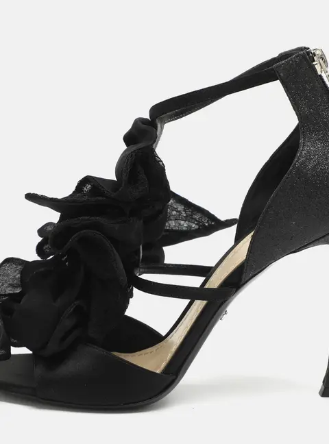 Dior Size 38.5 Black Satin And Lace Applique Evening Ankle Strap Sandals