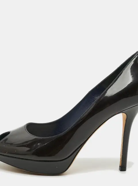 Dior Miss Dior Size 37.5 Brown Patent Leather Peep Toe Pumps