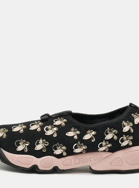 Dior Fusion Size 38.5 Black Knit Fabric Embellished Slip On Sneakers