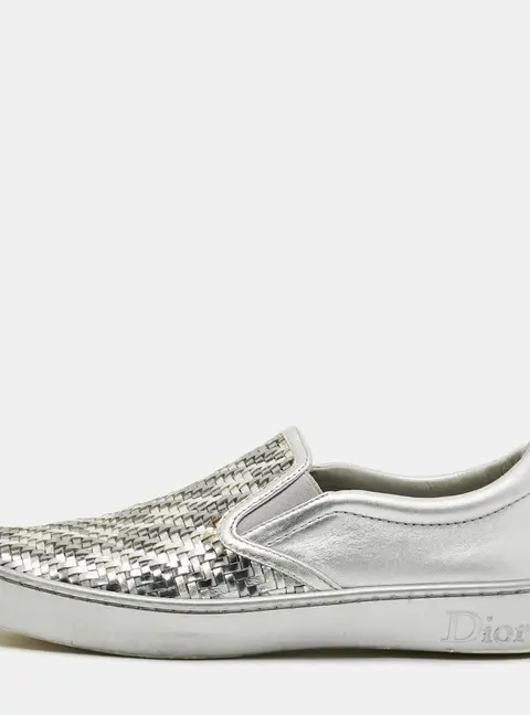 Dior Size 36 Metallic Silver Woven Leather Slip On Sneakers