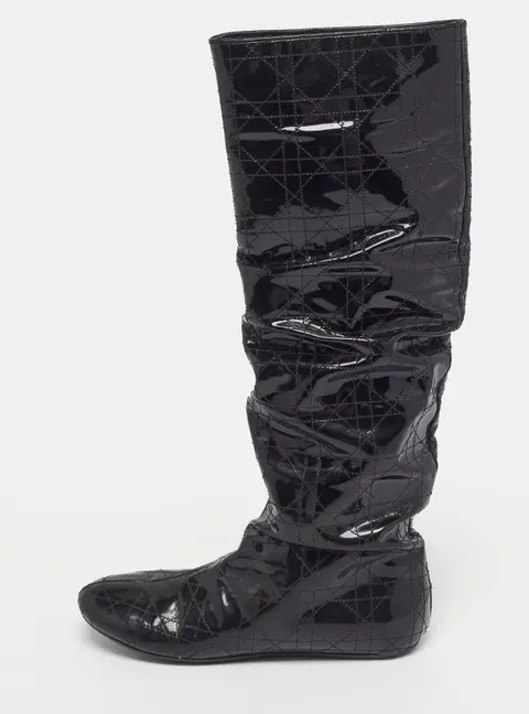 Dior Size 37 Black Quilted Patent Leather Knee Length Boots