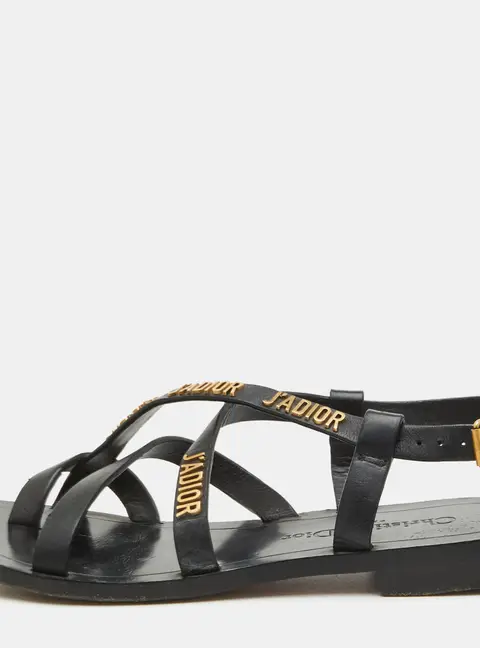 Dior J'Adior Size 35 Black Leather Strappy Flat Sandals
