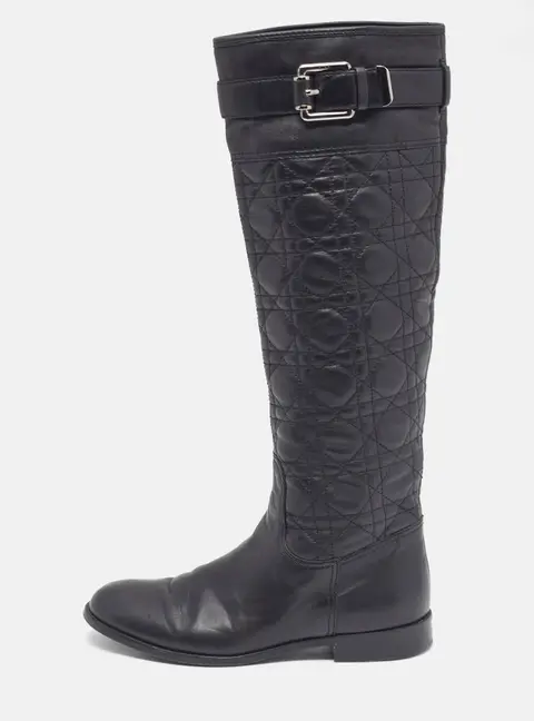 Dior  Size 36 Black Quilted Leather Buckle Detail Knee Length Boots