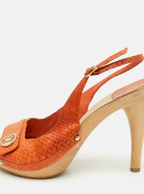 Dior Size 40 Orange Snakeskin Embossed Leather Platform Slingback Sandals