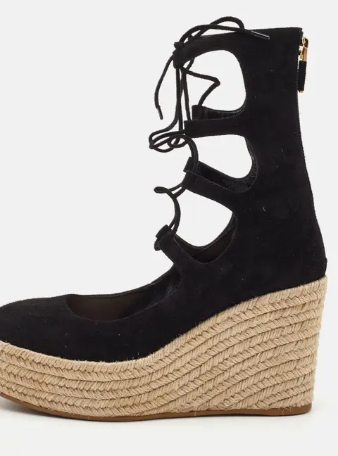 Dior Size 36 Black Suede Platform Wedge Espadrille Lace Up Sandals