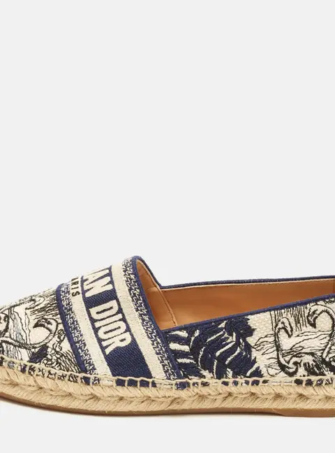 Dior Granville Size 38.5 Navy Blue/White Jacquard Toile de Jouy Embroidered Espadrille Flats