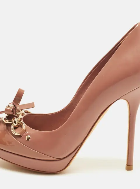 Dior Bow Size 36 Beige Patent Leather Peep Toe Pumps