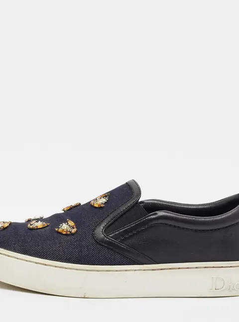 Dior Happy Size 37.5 Navy Blue/Black Denim and Leather Crystal Embellished Slip On Sneakers