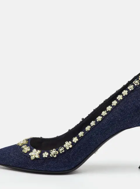 Dior Size 40 Navy Blue Denim Garland Embellished Pointed Toe Pumps