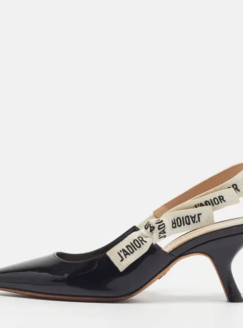 Dior J'Adior Size 38 Black Fabric and Patent Leather Slingback Pumps