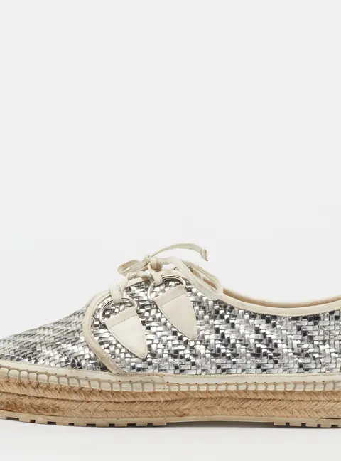 Dior Size 41 Metallic Silver/White Woven Leather Espadrille Lace Up Sneakers