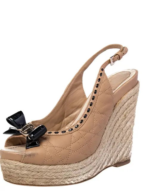 Dior Beige/Black Quilted And Patent Leather Platform Sandals Size 37