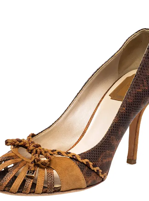Dior Size 38.5 Brown Lizard Embossed Leather Pumps
