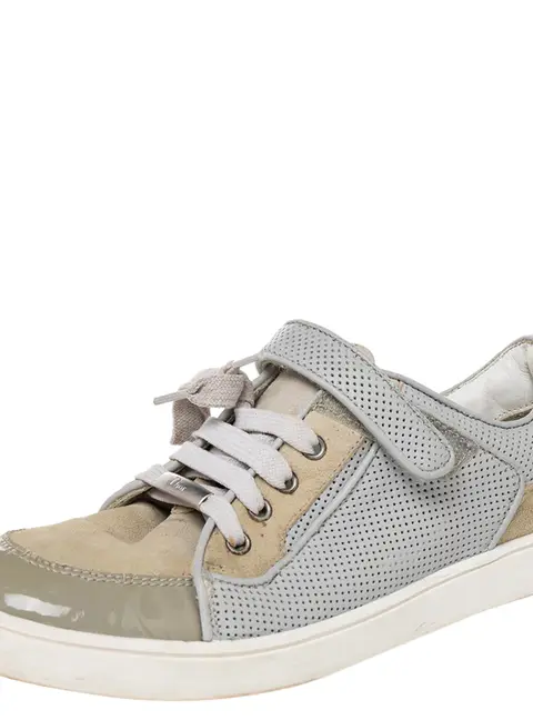Dior Beige/Grey Mesh And Patent Leather Low Top Sneakers Size 34