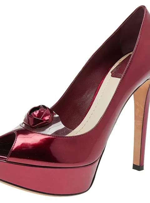Dior Burgundy Patent Leather Flower Platform Pumps Size 37.5