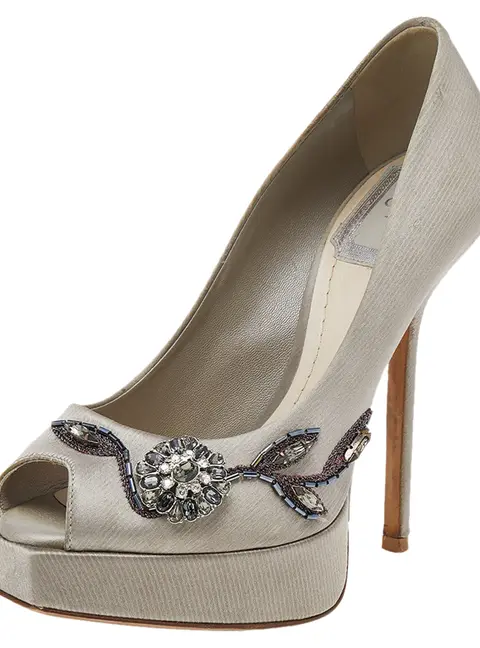 Dior Grey Embellished Satin Peep Toe Platform Pumps Size 35