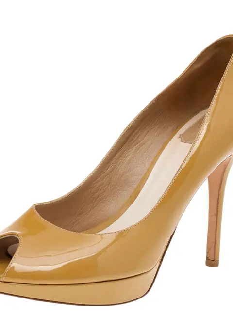 Dior Mustard Patent Leather Miss Dior Peep Toe Platform Pumps Size 40.5