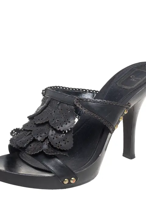 Dior Black Leather Laser Cut Detail Clog Sandals Size 41