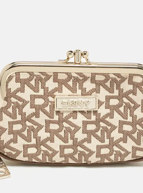 DKNY Beige/Brown Signature Canvas Kisslock Frame Coin Purse