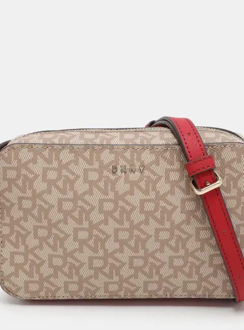 Dkny Beige/Red Signature Coated Canvas and Leather Crossbody Bag