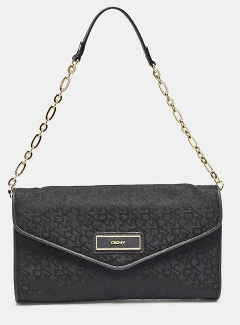 Dkny Black Monogram Canvas and Leather Envelope Flap Shoulder Bag