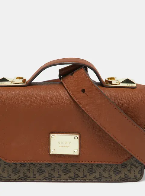 DKNY Brown Signature Coated Canvas and Leather Top Handle Bag
