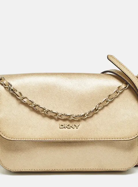 Dkny Gold Leather Logo Flap Crossbody Bag