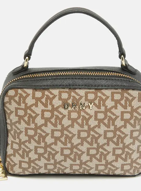 Dkny Black/Beige Monogram Coated Canvas and Leather Zip Top Handle Bag